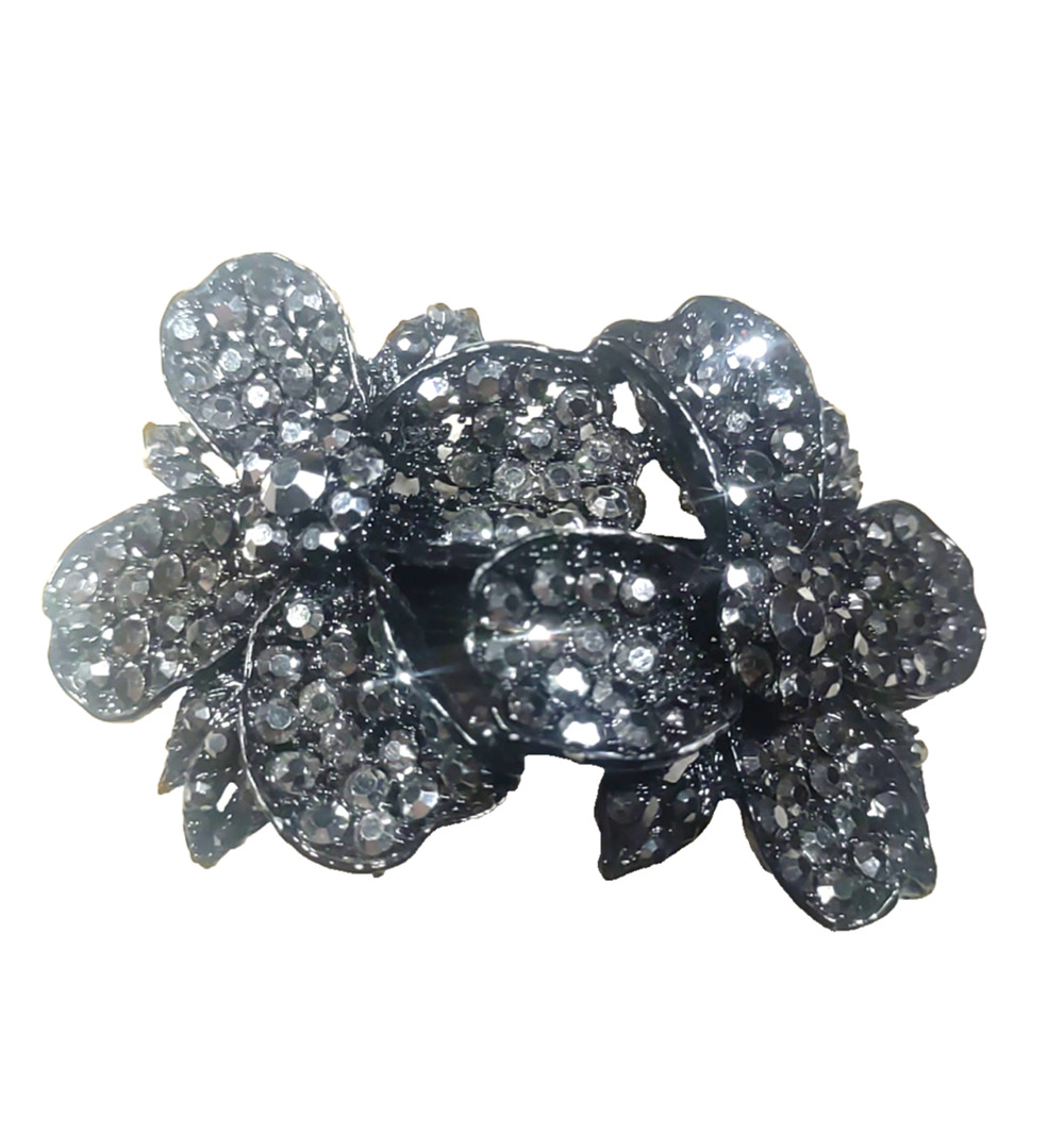 Hair Barrette Tension Clip Black Rhinestone Flower Goth Party
